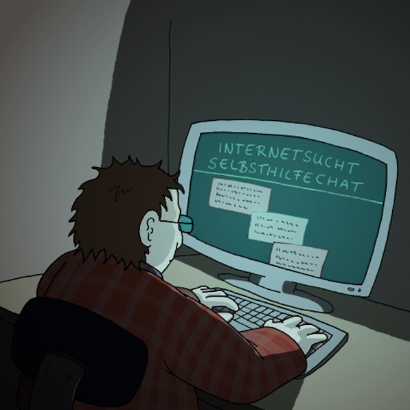 Person sitzt im Dunkeln vor einem Bildschirm und schreibt in einem Selbsthilfechat zum Thema Internetsucht.